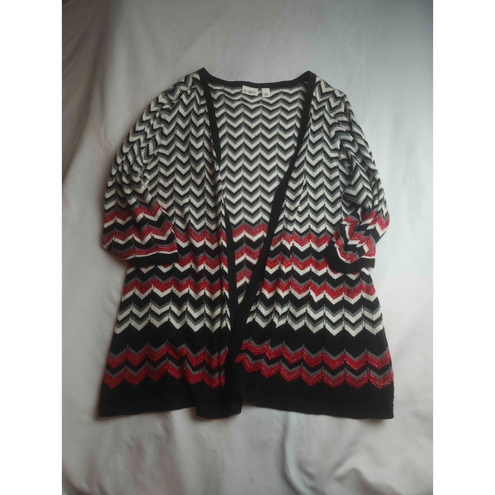 Cato Cardigan Sweater Womens Size XL Black Red Chevron Knit Open Front Casual